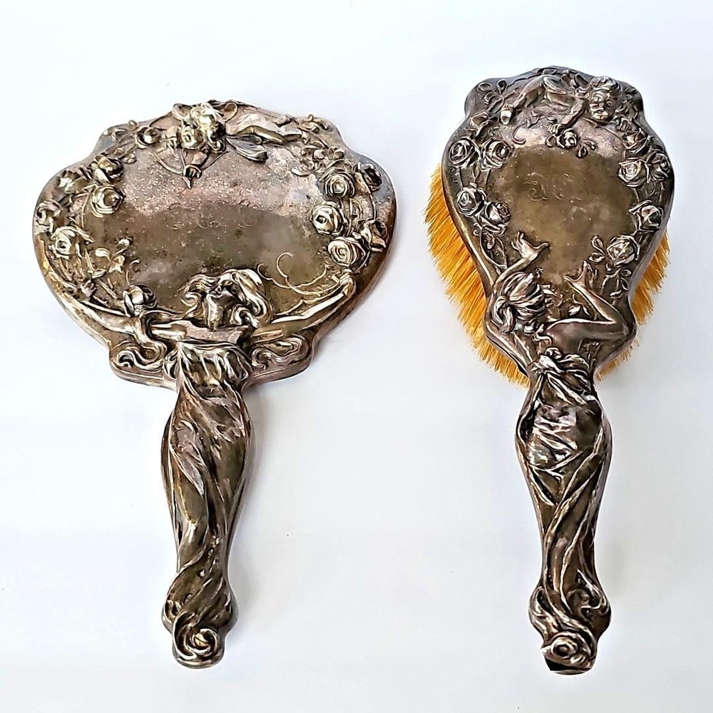 Vtg Hair Brush Mirror Art Nouveau Sterling Silver Repousse 3D Lady Roses Cherub